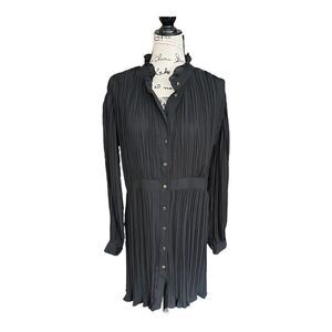 Black Dress Accordian Pleats Button Front Long Sleeves and Ruffle Neck size 4XL